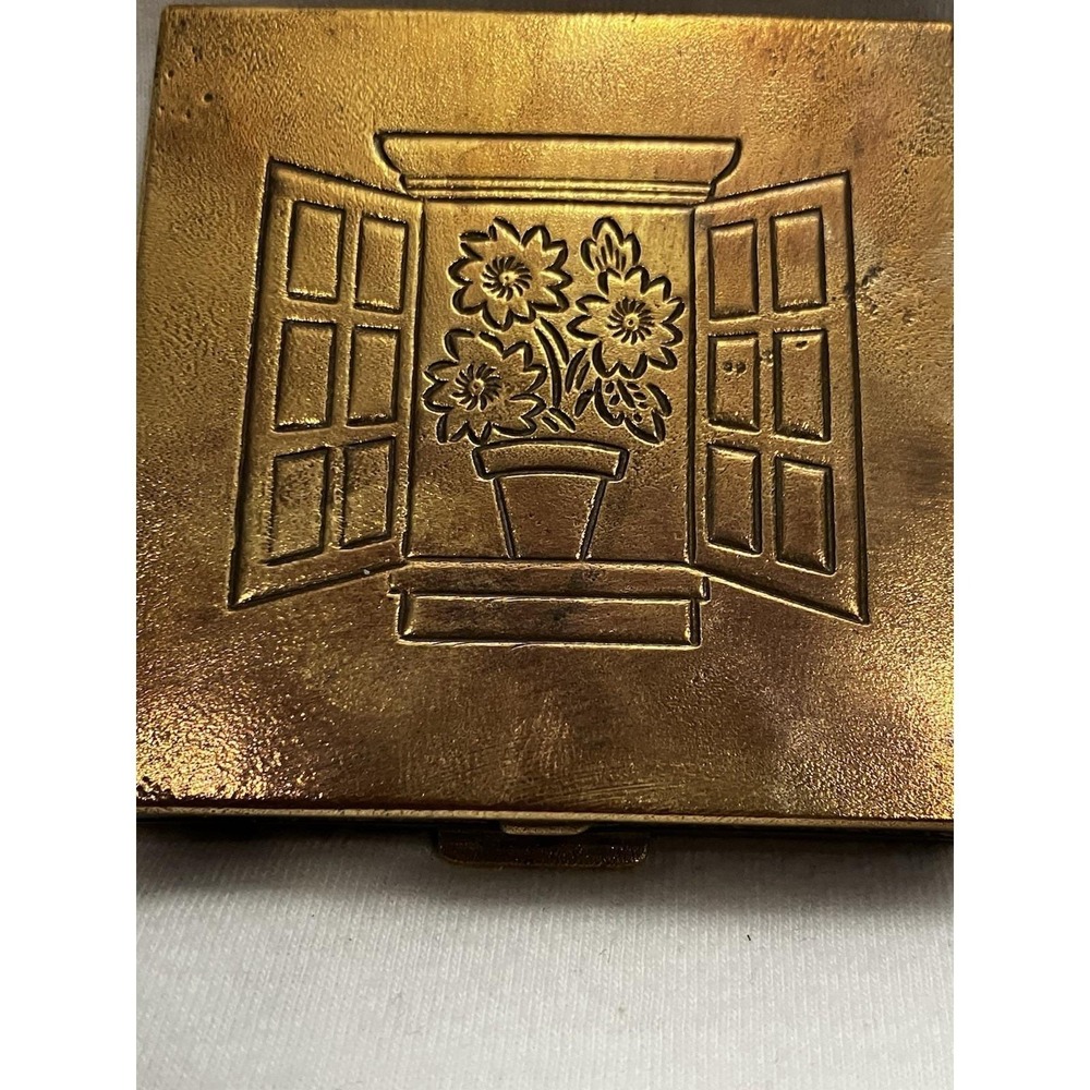 VTG Brass Art Deco Embossed Flower Pot Window Compact Purse Mirror Square